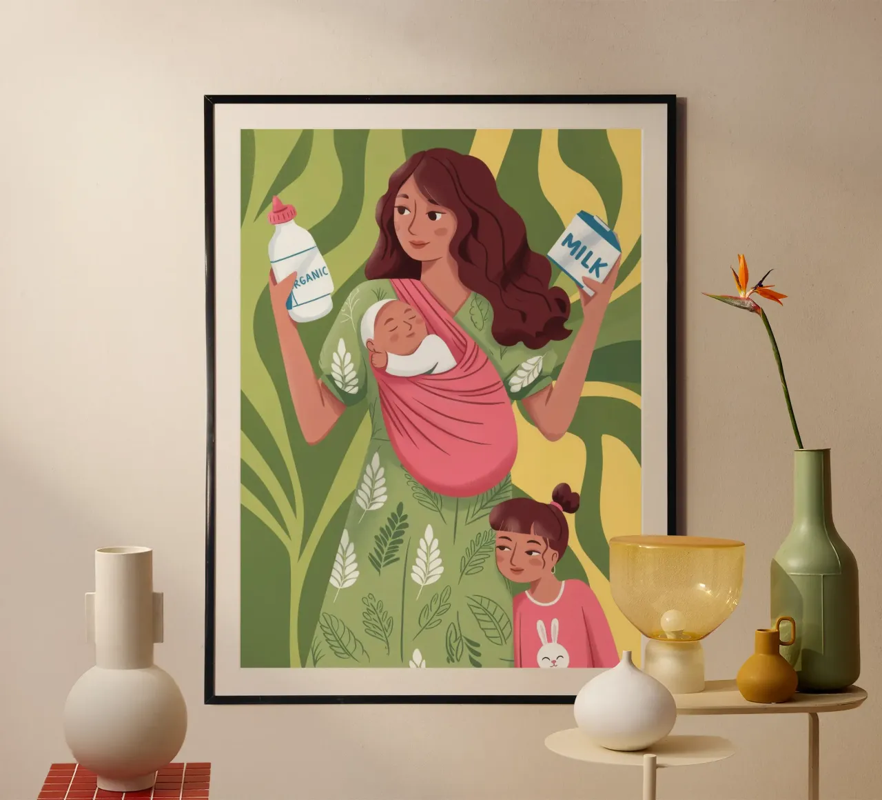 Beatitudine materna nella giungla poster con telaio in legno da Prism Palette