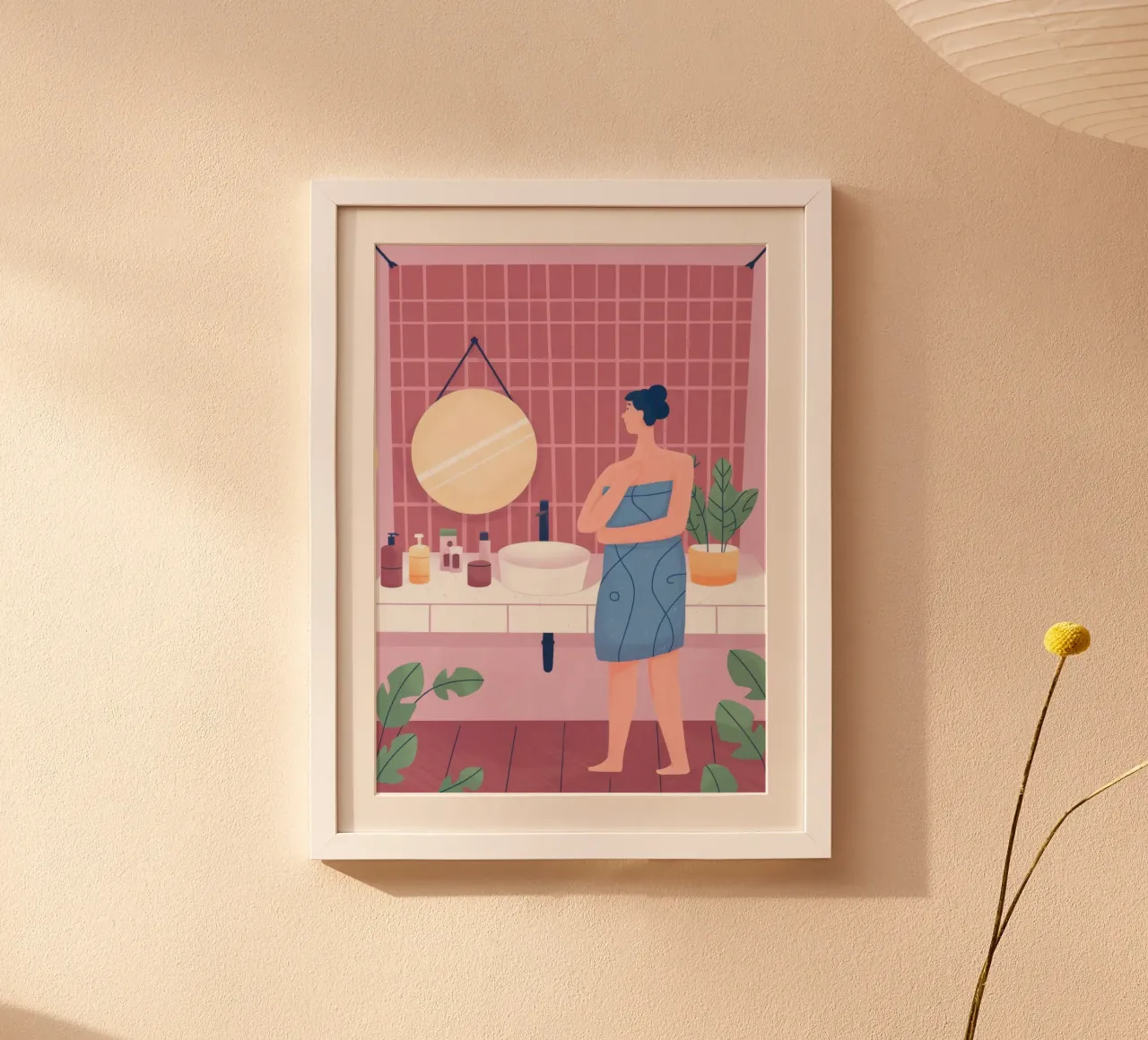 Momento del bagno riflessivo poster con telaio in alluminio da Prism Palette