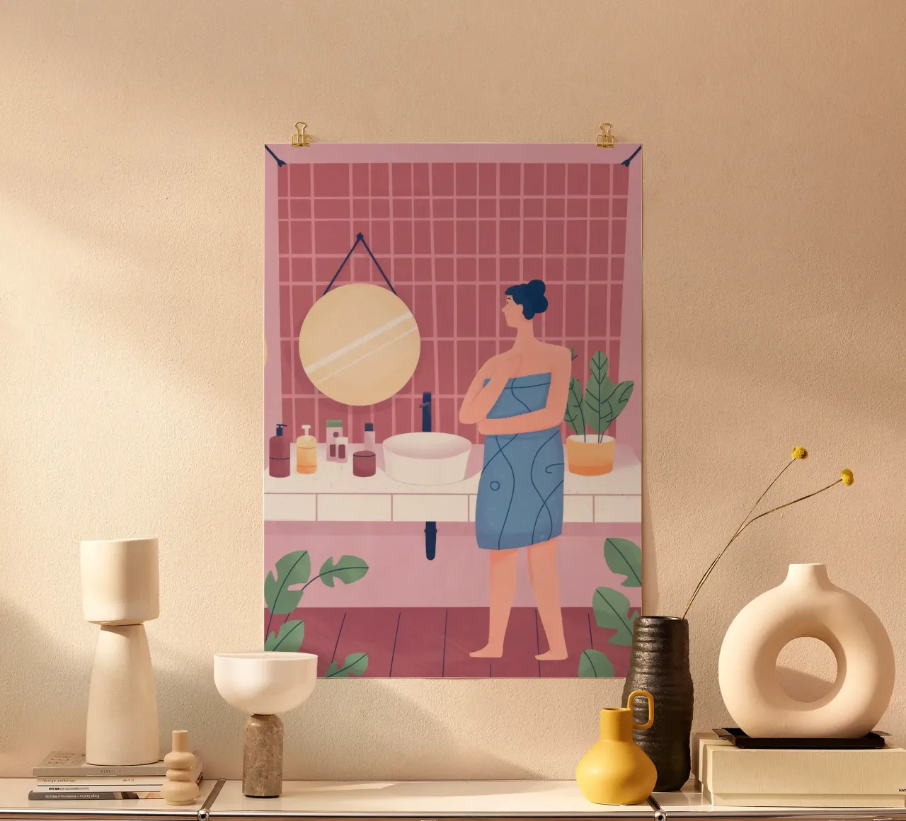 Momento del bagno riflessivo poster con telaio in alluminio da Prism Palette