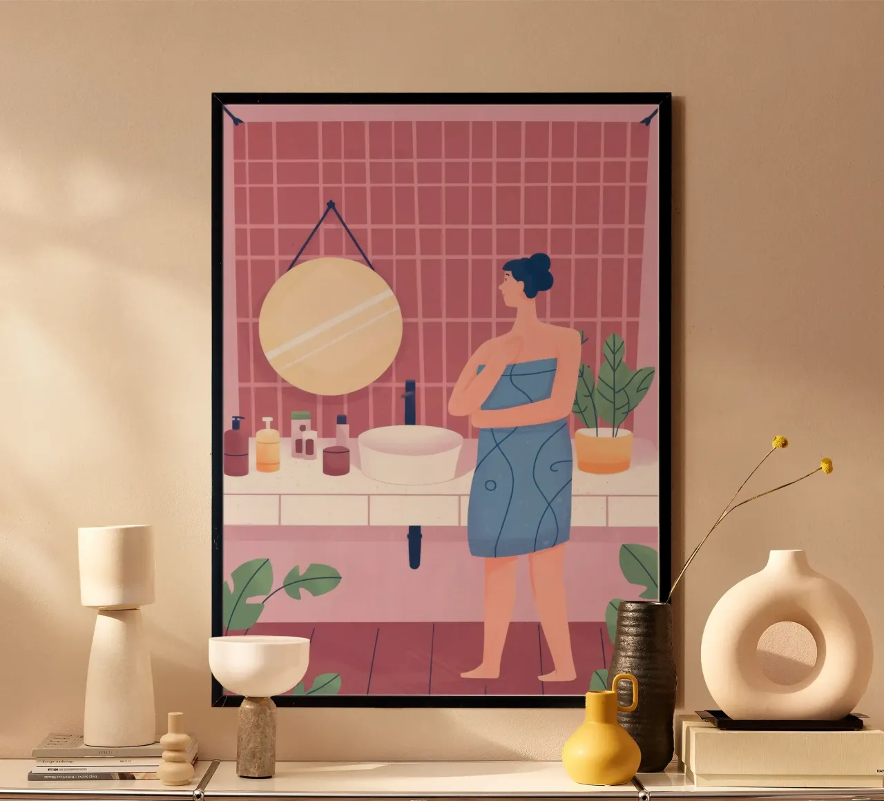 Momento del bagno riflessivo poster con telaio in alluminio da Prism Palette