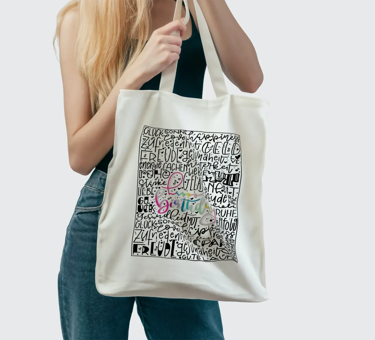 Poster Happy Birthday – Handlettering Print Regenbogenfarben borsa in juta da LIMITED EDITION LETTERS