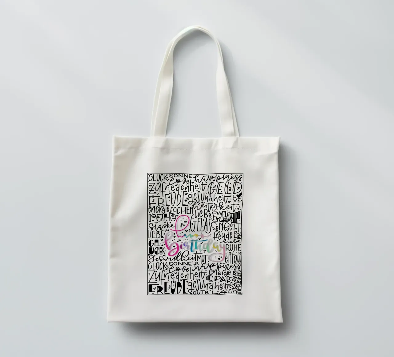 Poster Happy Birthday – Handlettering Print Regenbogenfarben borsa in juta da LIMITED EDITION LETTERS