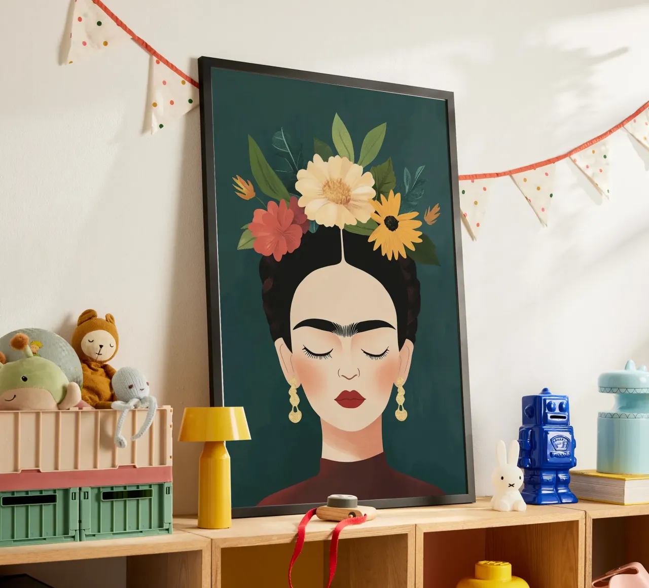 Frida Kahlo - Amour inconditionnel poster avec cadre en bois de Fantasias Florales