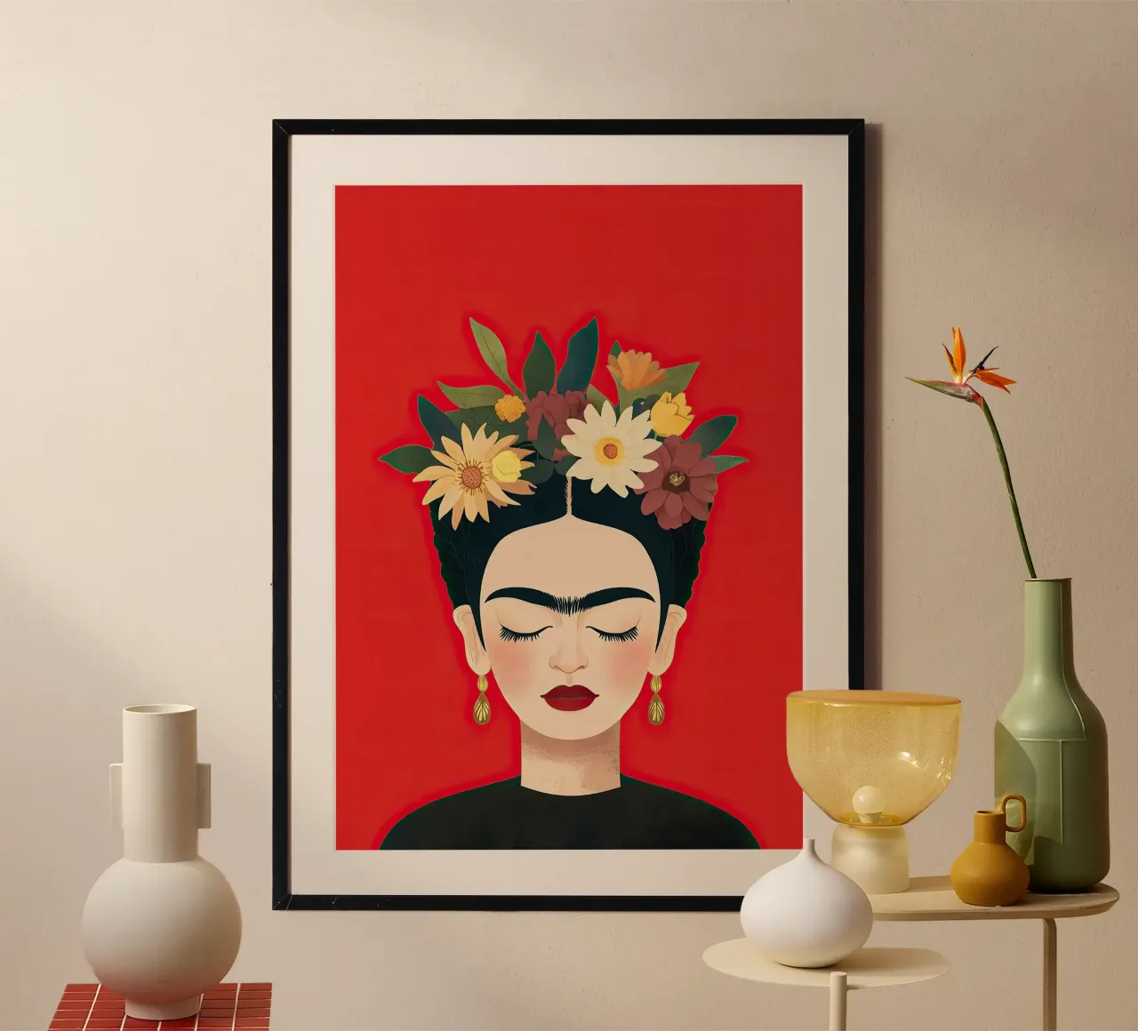 Frida Kahlo - Aime ton unicité poster avec cadre en bois de Fantasias Florales