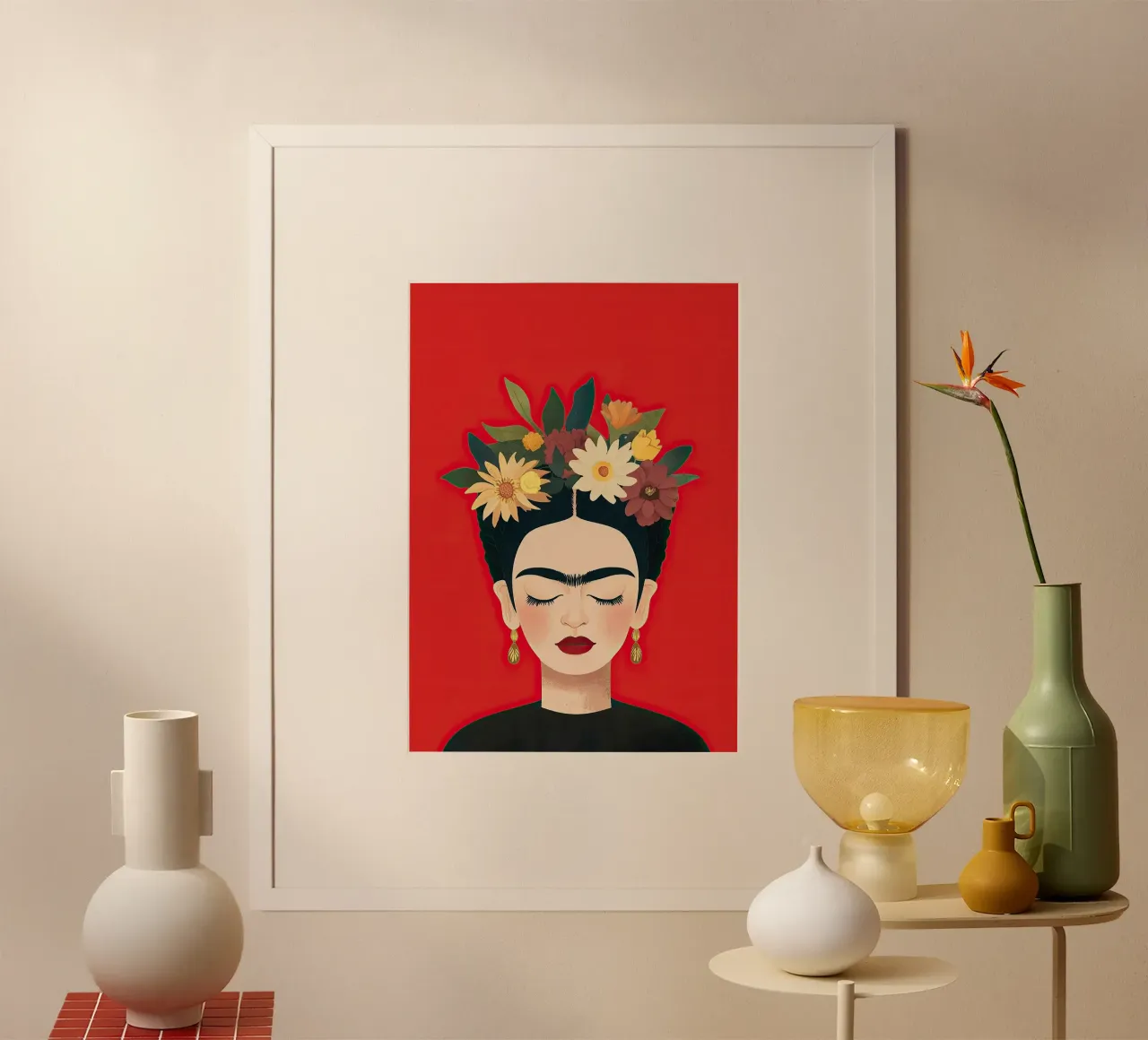 Frida Kahlo - Aime ton unicité poster avec cadre en bois de Fantasias Florales