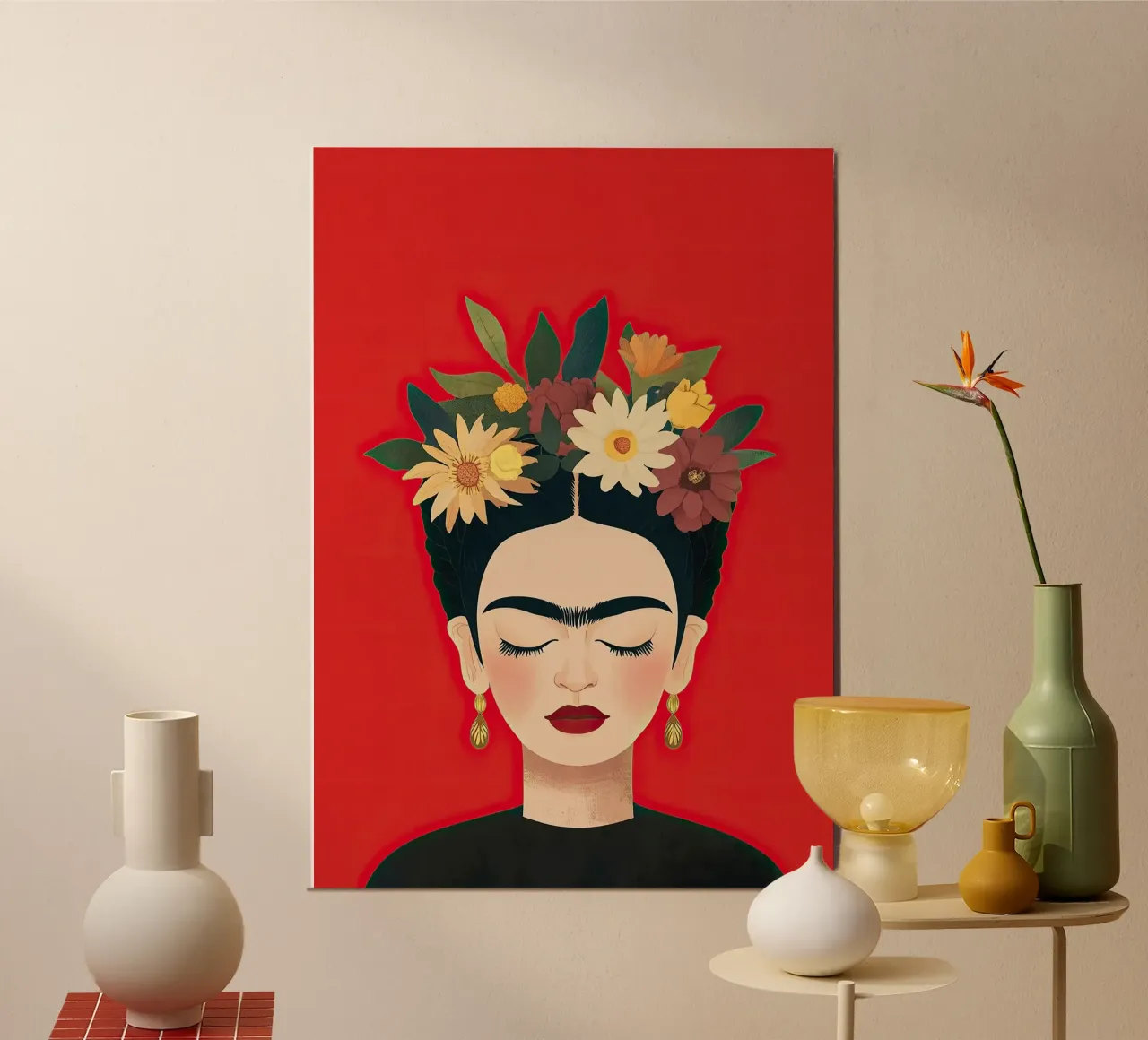 Frida Kahlo - Aime ton unicité poster avec cadre en bois de Fantasias Florales