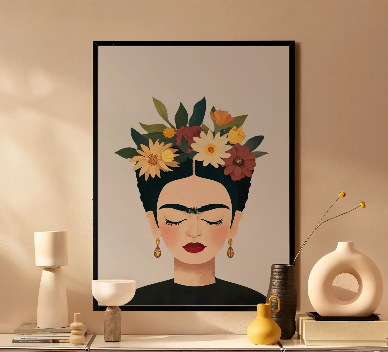 Frida Kahlo - Accepte ton voyage poster avec cadre en bois de Fantasias Florales