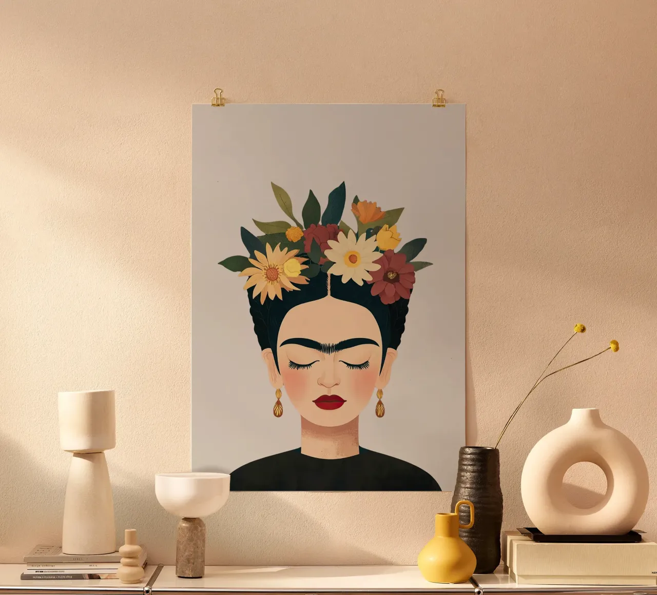 Frida Kahlo - Accepte ton voyage poster avec cadre en bois de Fantasias Florales