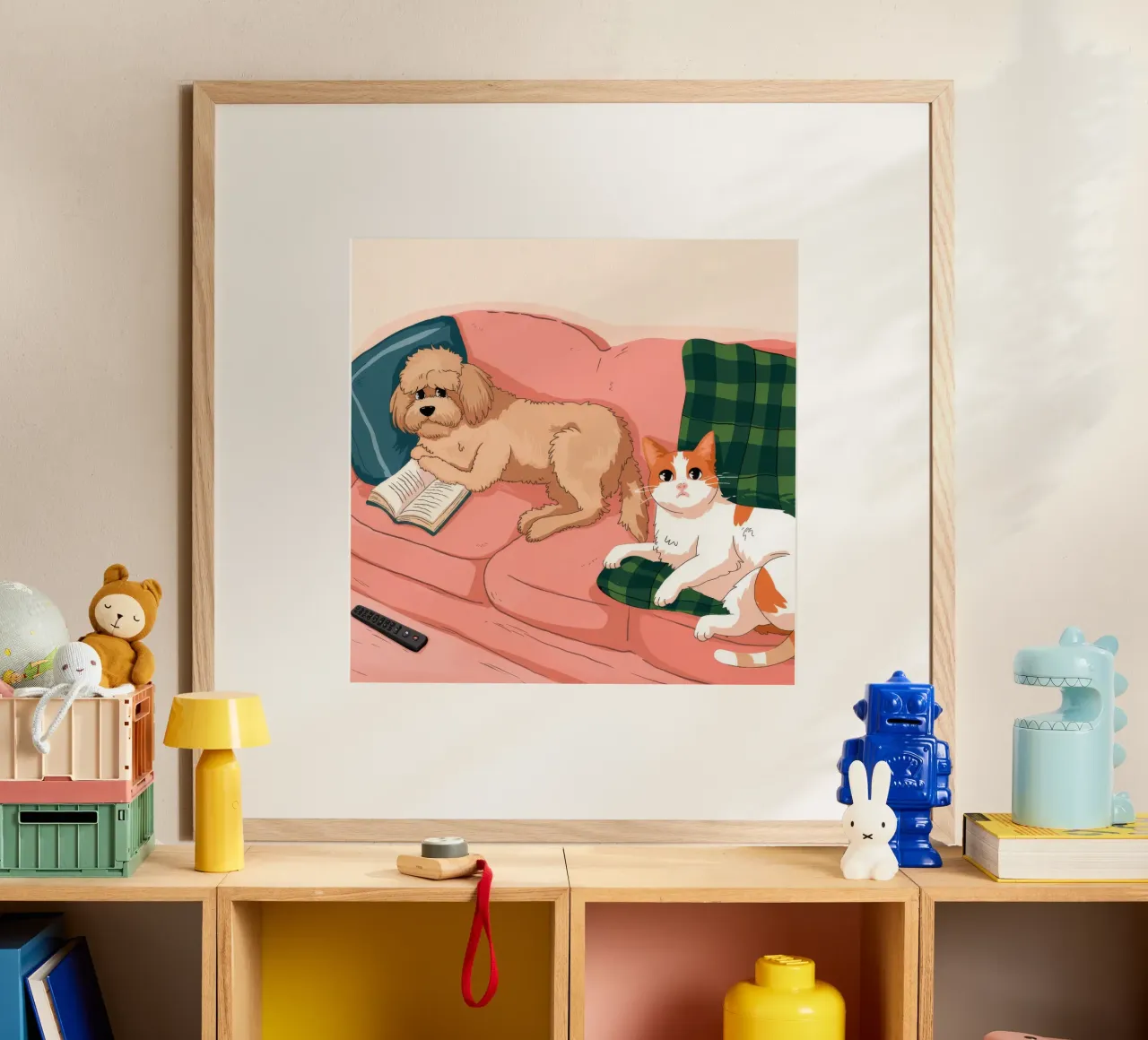 Accogliente serenità canina poster con telaio in legno da Timeless Huse