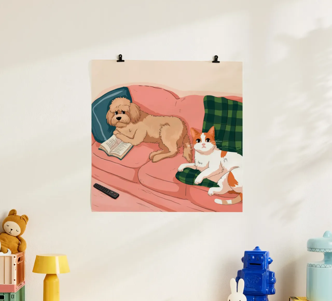 Accogliente serenità canina poster con telaio in legno da Timeless Huse