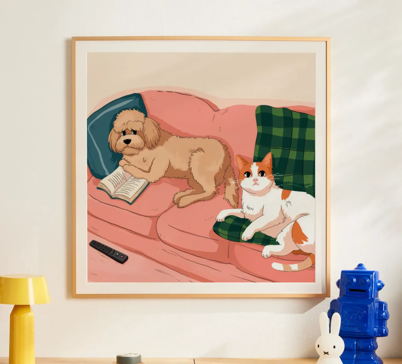 Accogliente serenità canina poster con telaio in legno da Timeless Huse