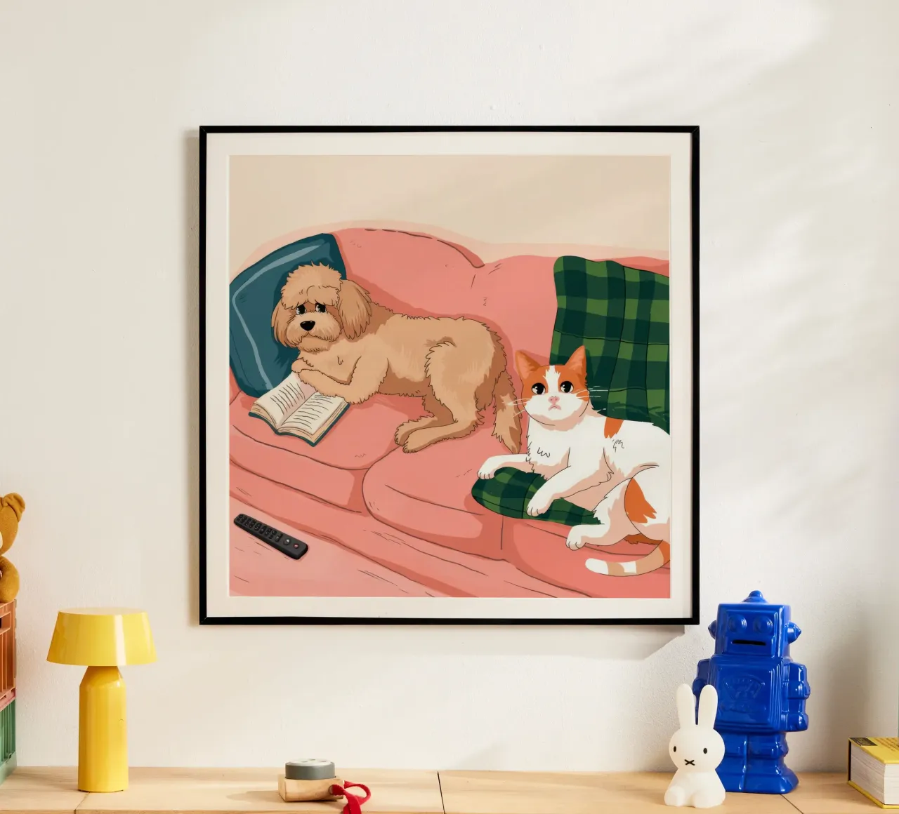 Accogliente serenità canina poster con telaio in legno da Timeless Huse