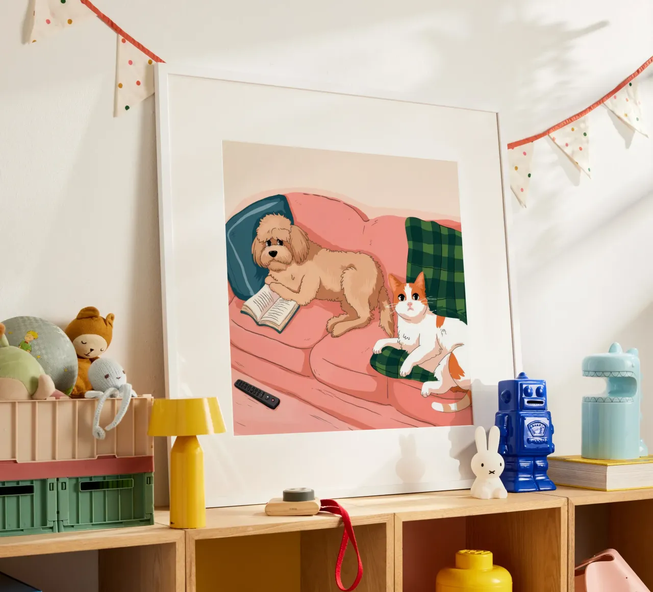 Accogliente serenità canina poster con telaio in legno da Timeless Huse