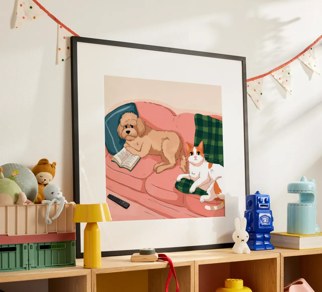 Accogliente serenità canina poster con telaio in legno da Timeless Huse