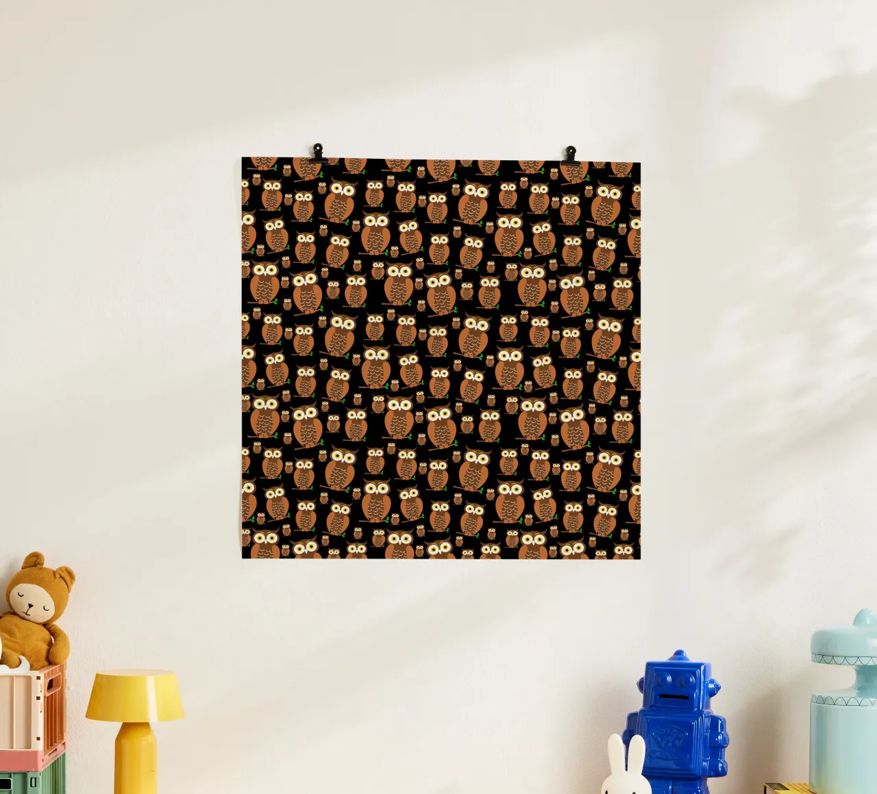 Cute owls pattern poster con telaio in alluminio da baobabprintstore
