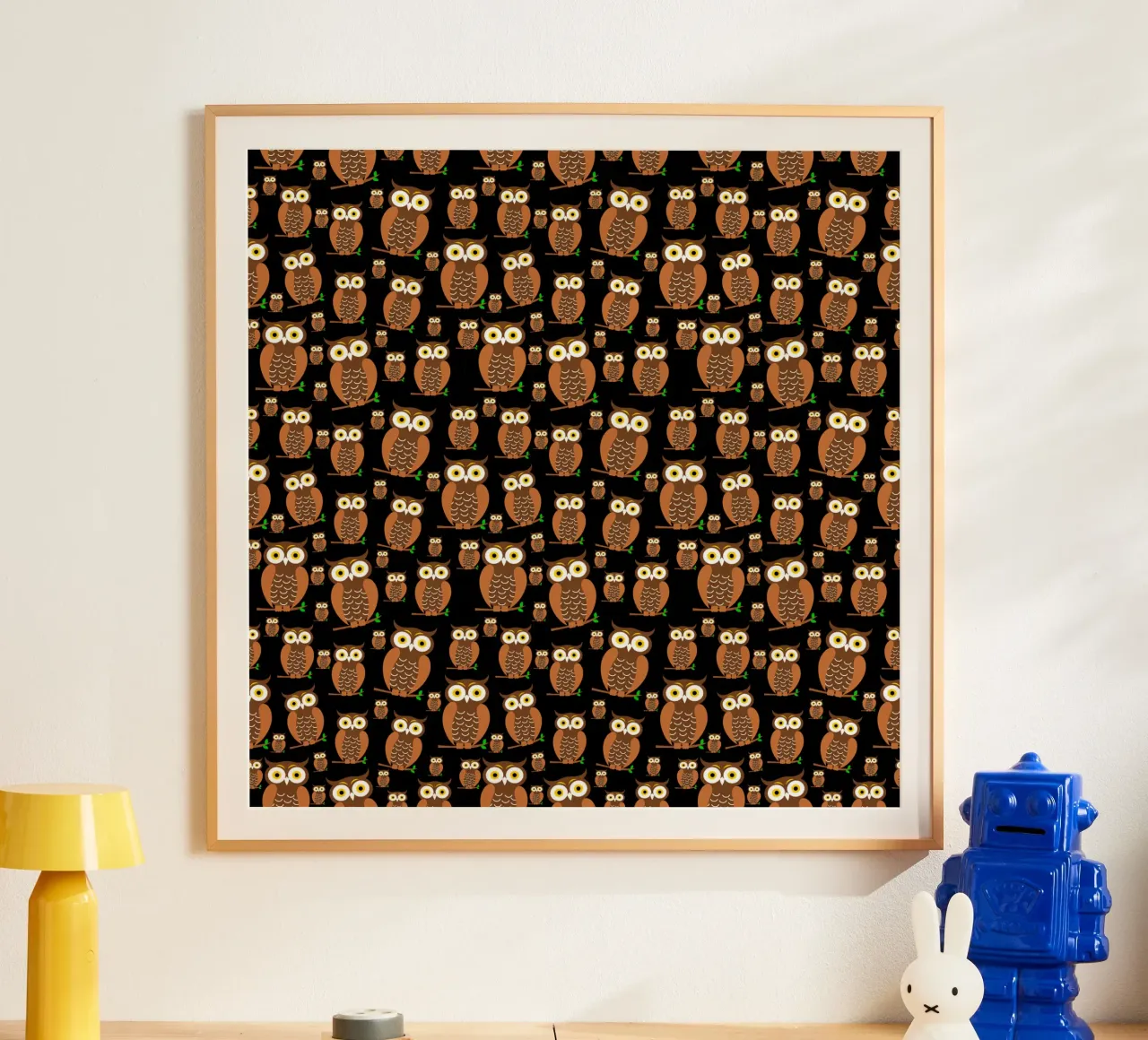 Cute owls pattern poster con telaio in alluminio da baobabprintstore