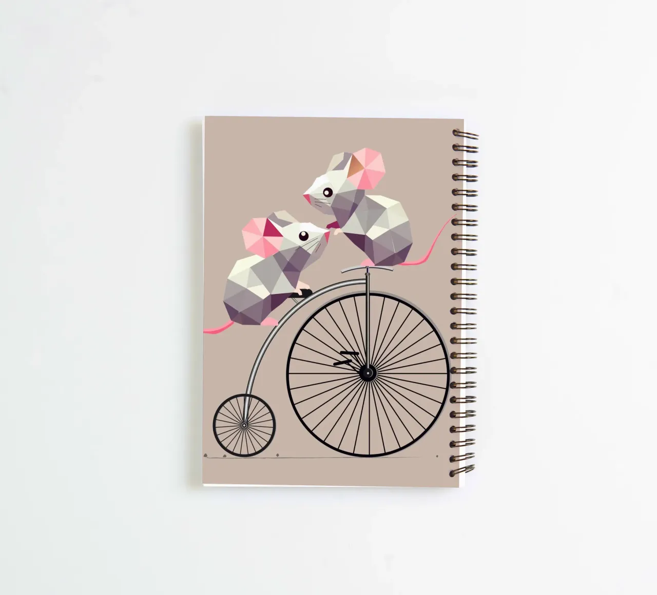 Two cute polygon mice on a nostalgic penny-farthing spiral notebook by namosh