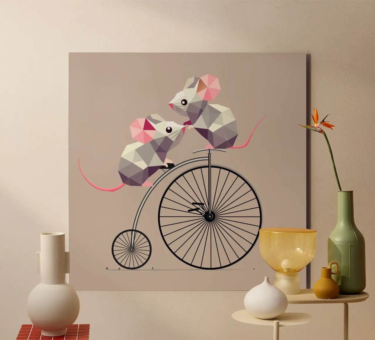 Due simpatici topi poligonali su un nostalgico penny-farthing alluminio dibond da namosh