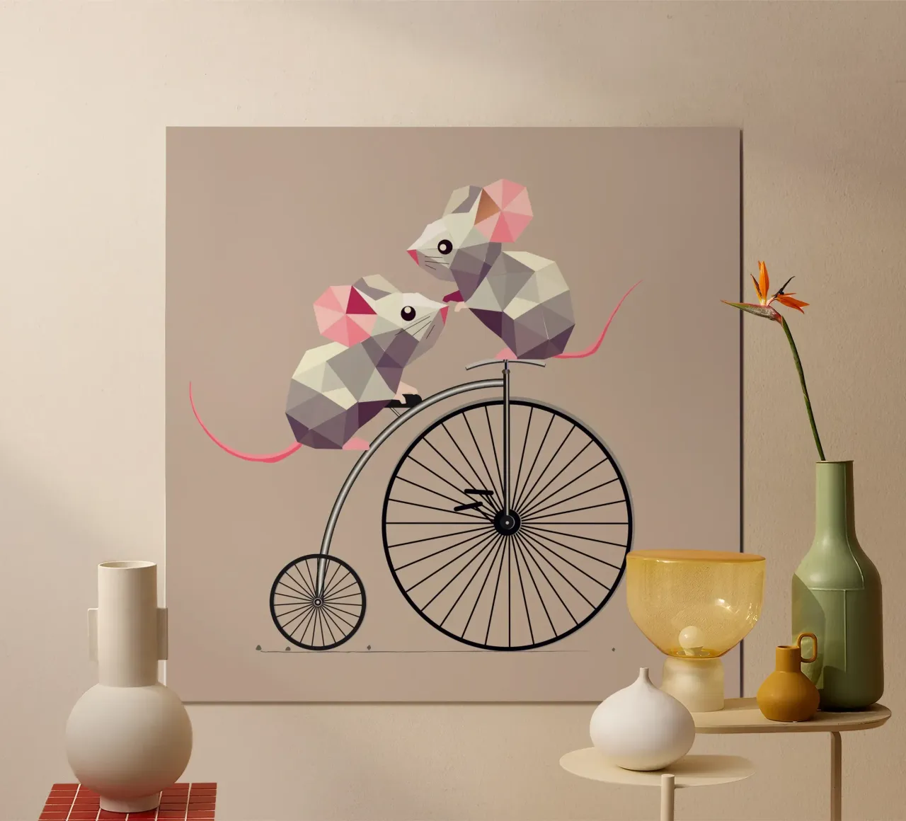 Due simpatici topi poligonali su un nostalgico penny-farthing poster da namosh