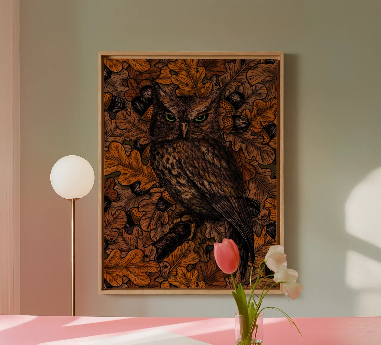 Herfstuilen, oranje en bruin canvas met Baklijst van Painted Nature