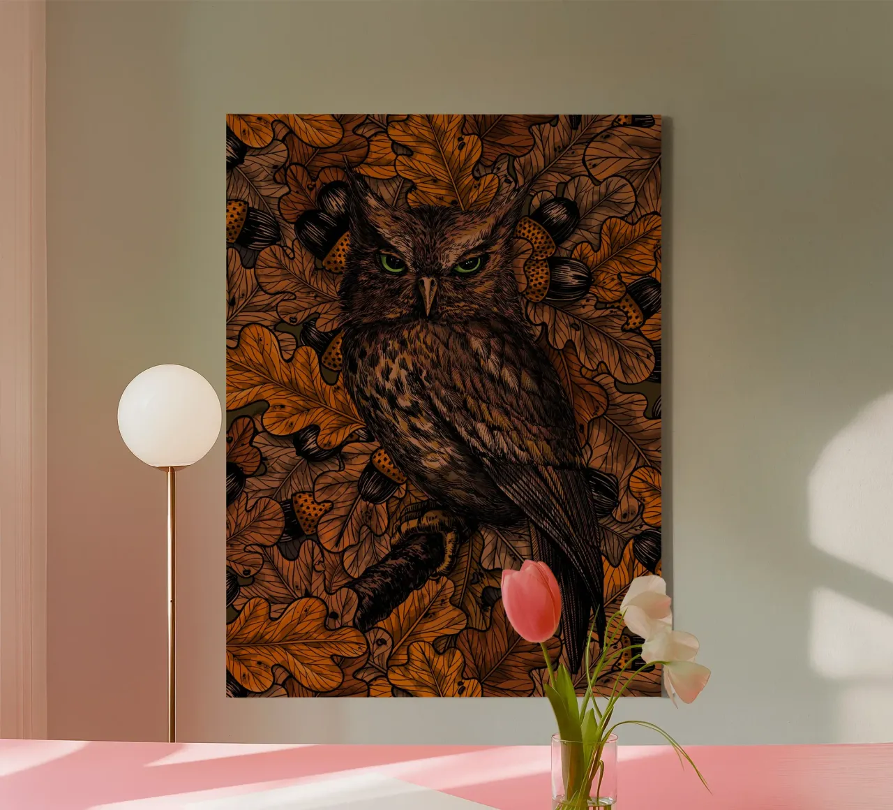 Herfstuilen, oranje en bruin canvas met Baklijst van Painted Nature