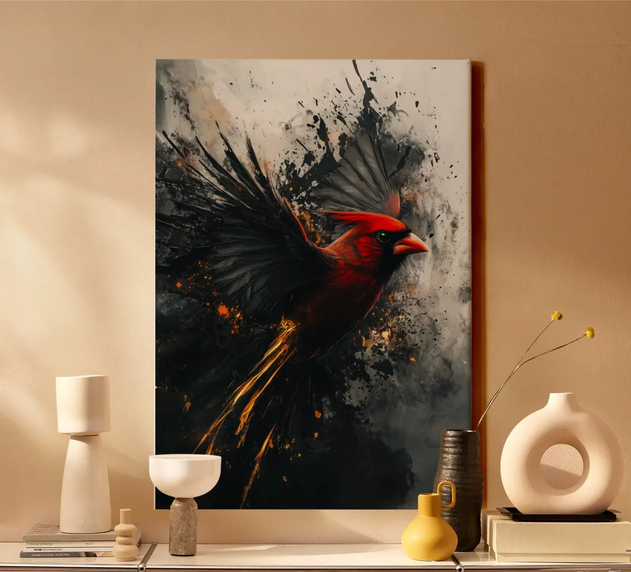 Golden Red Cardinal bird canvas with Floater frame by Justyna Jaszke JBJart