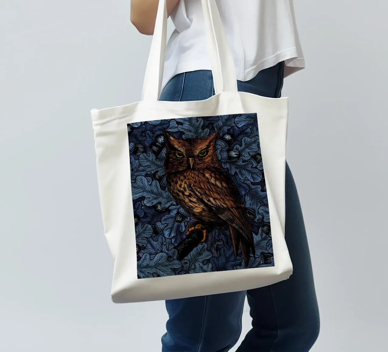 Owls in the oak tree, blue and brown tote bag by Painted Nature