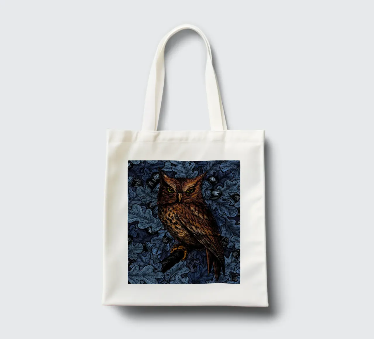 Owls in the oak tree, blue and brown tote bag by Painted Nature