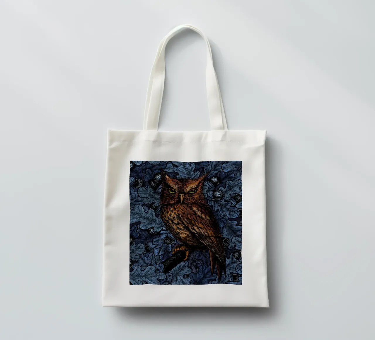 Owls in the oak tree, blue and brown tote bag by Painted Nature