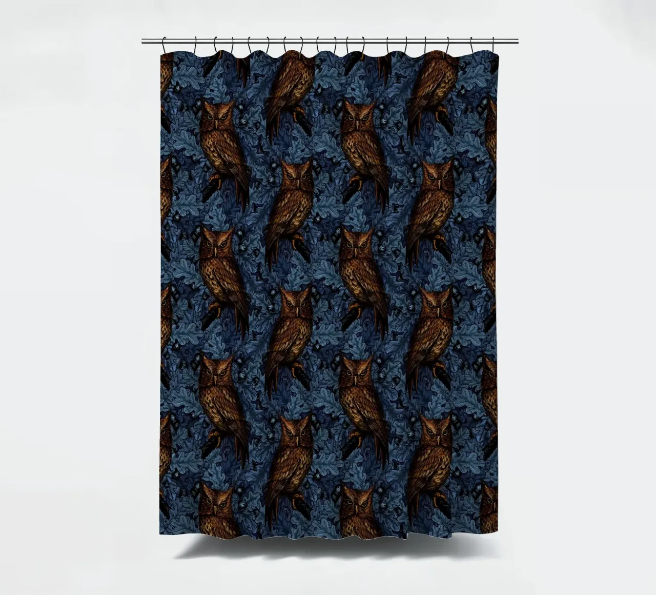 Owls in the oak tree, blue and brown shower curtain by Painted Nature