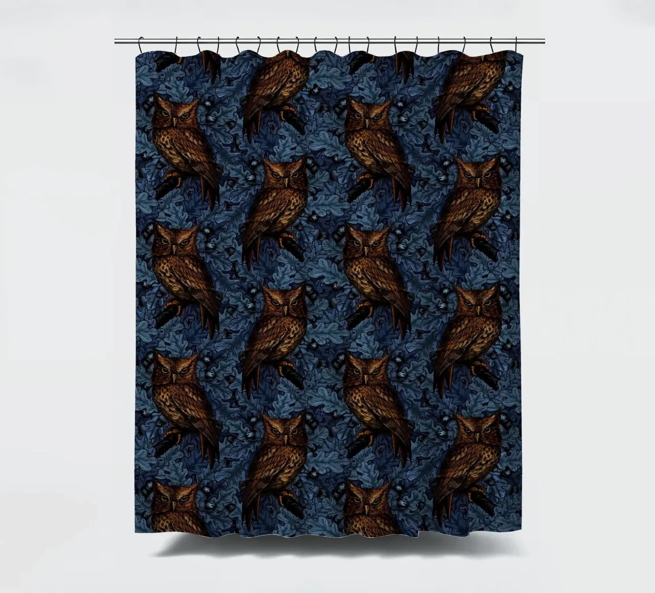 Owls in the oak tree, blue and brown shower curtain by Painted Nature