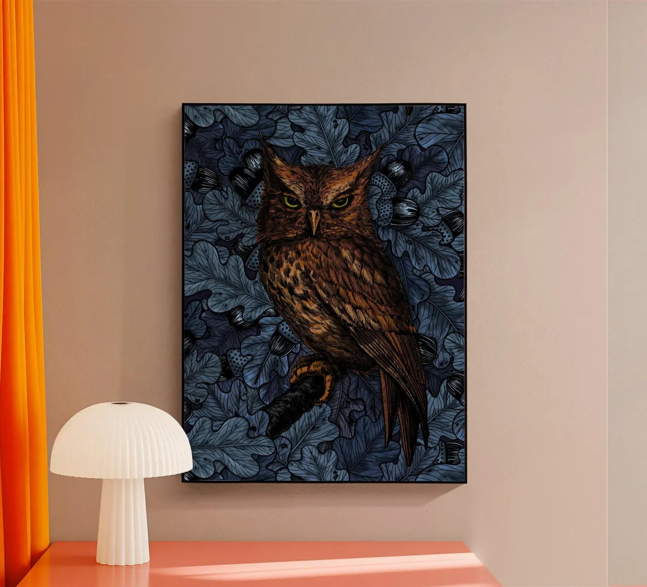 Gufi nella quercia, blu e marrone plexiglass da Painted Nature