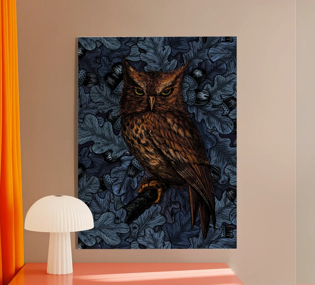 Gufi nella quercia, blu e marrone plexiglass da Painted Nature
