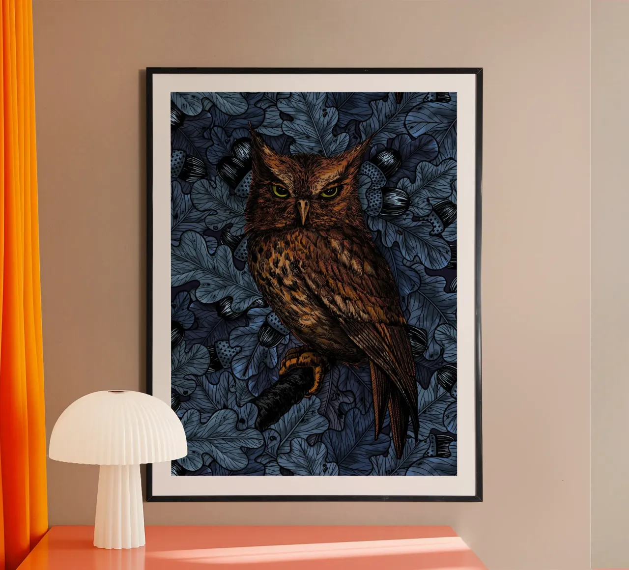 Gufi nella quercia, blu e marrone carta hahnemühle da Painted Nature