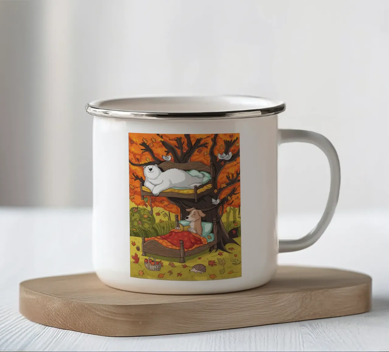 Ritiro autunnale in casa sull'albero tazza in smalto da Timeless Huse