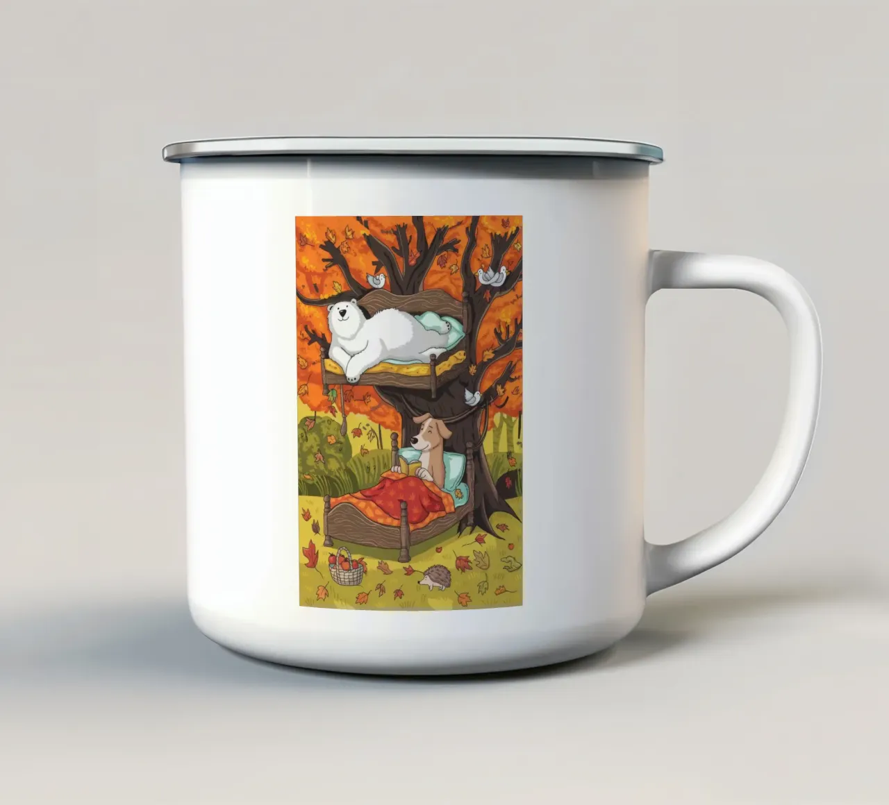 Ritiro autunnale in casa sull'albero tazza in smalto da Timeless Huse
