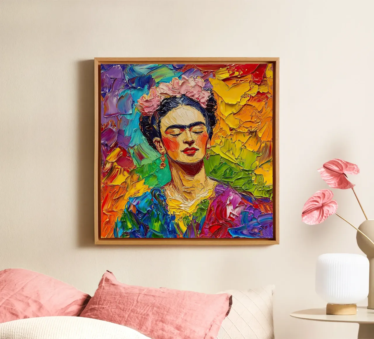 Frida Kahlo - In harmony with the universe canvas with Floater frame by Fantasias Florales