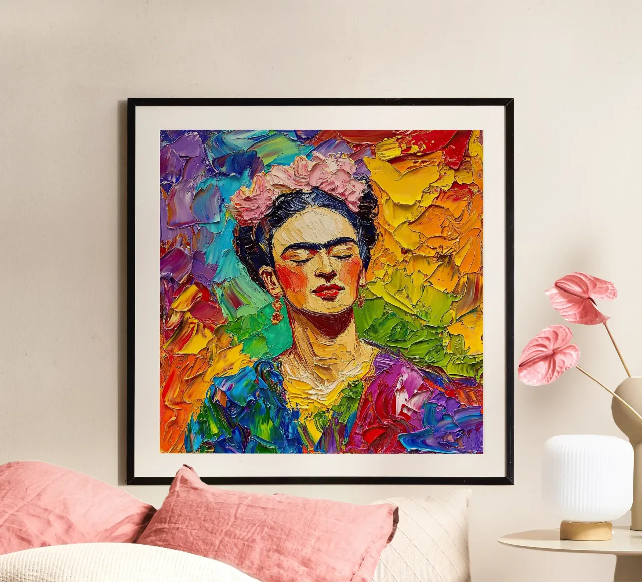 Frida Kahlo - In harmony with the universe poster with wooden frame by Fantasias Florales