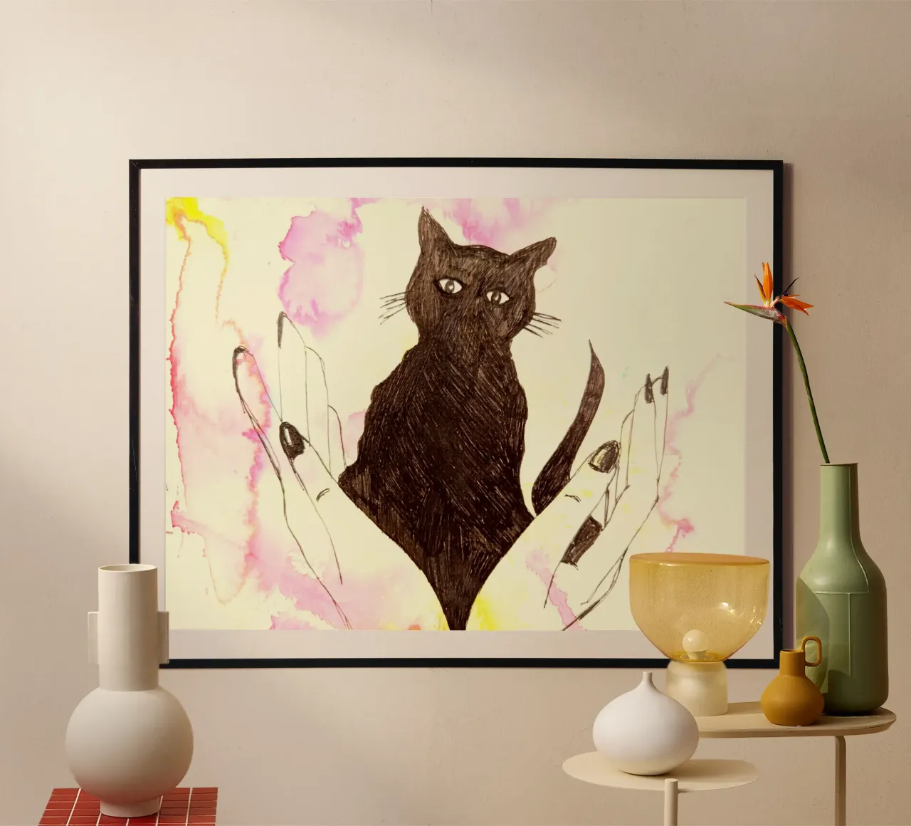Watercolor Ink Cat 1 poster con telaio in legno da sum2proveDesign