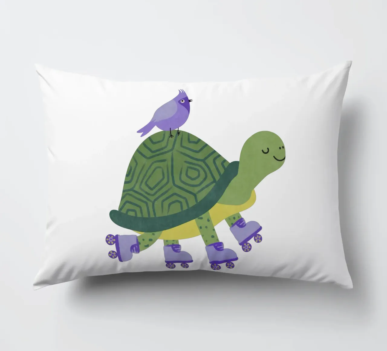 Tartaruga con uccello - continua a rotolare! cuscino da Illustration Raissa Oltmanns