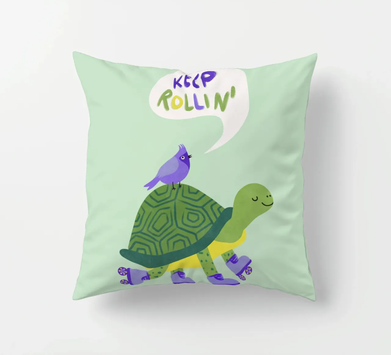 Tartaruga con uccello - continua a rotolare! cuscino da Illustration Raissa Oltmanns