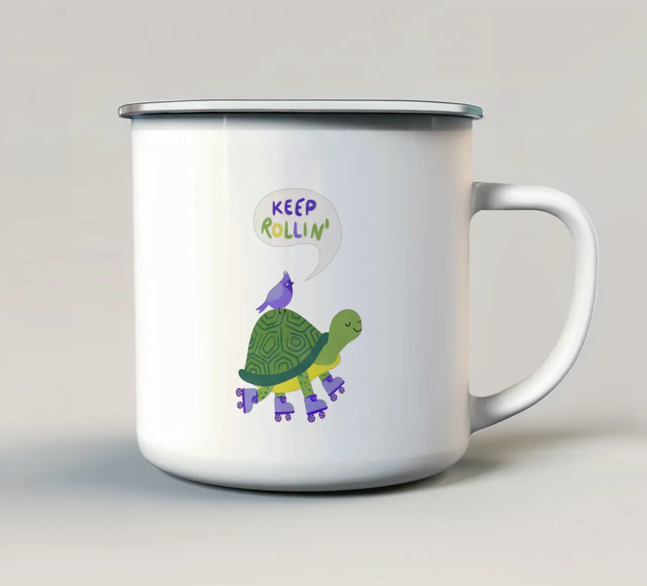 Tartaruga con uccello - continua a rotolare! tazza in smalto da Illustration Raissa Oltmanns