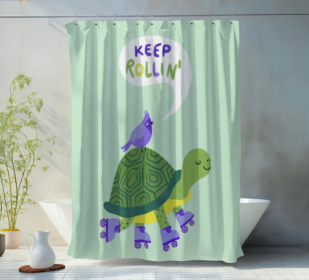 Tartaruga con uccello - continua a rotolare! tenda da doccia da Illustration Raissa Oltmanns