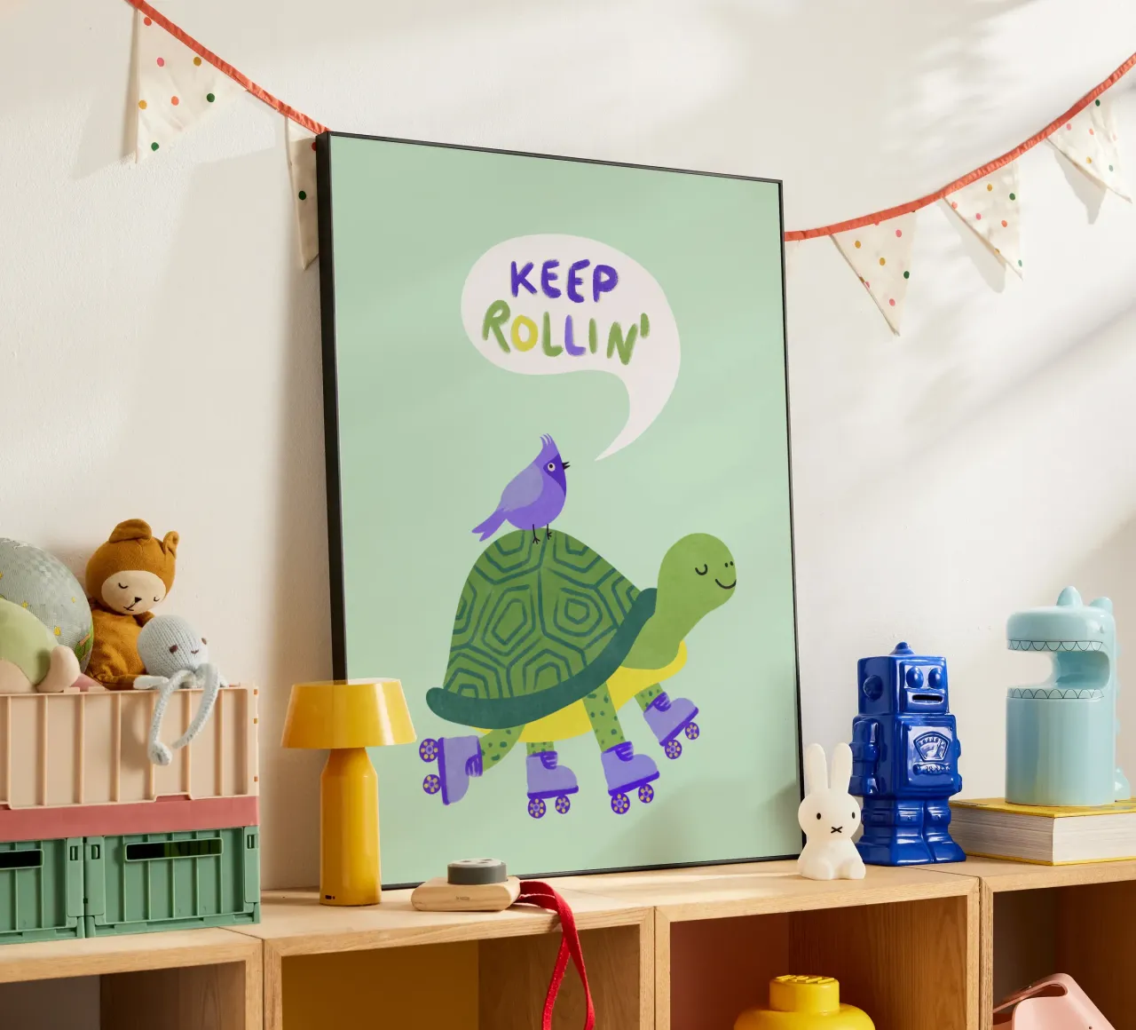 Tartaruga con uccello - continua a rotolare! alluminio dibond da Illustration Raissa Oltmanns