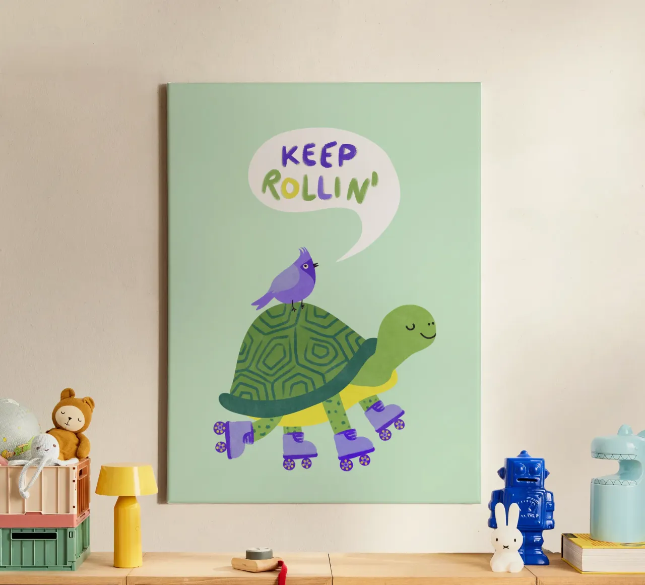 Turtle with Bird - keep Rolling! canvas by Illustration Raissa Oltmanns