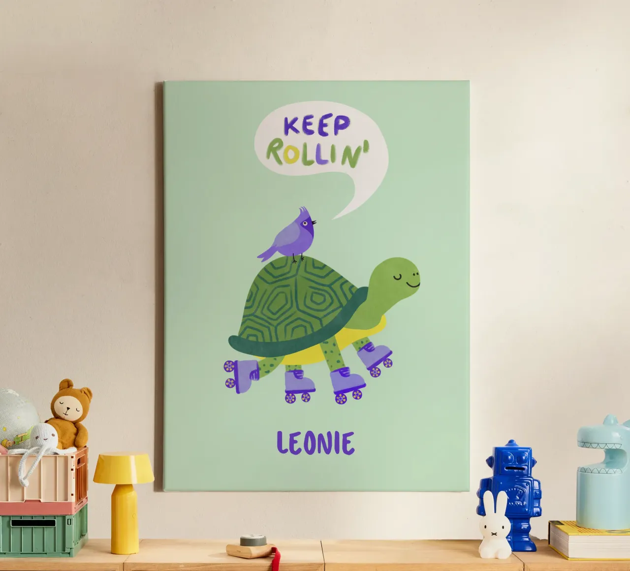 Turtle with Bird - keep Rolling! canvas by Illustration Raissa Oltmanns