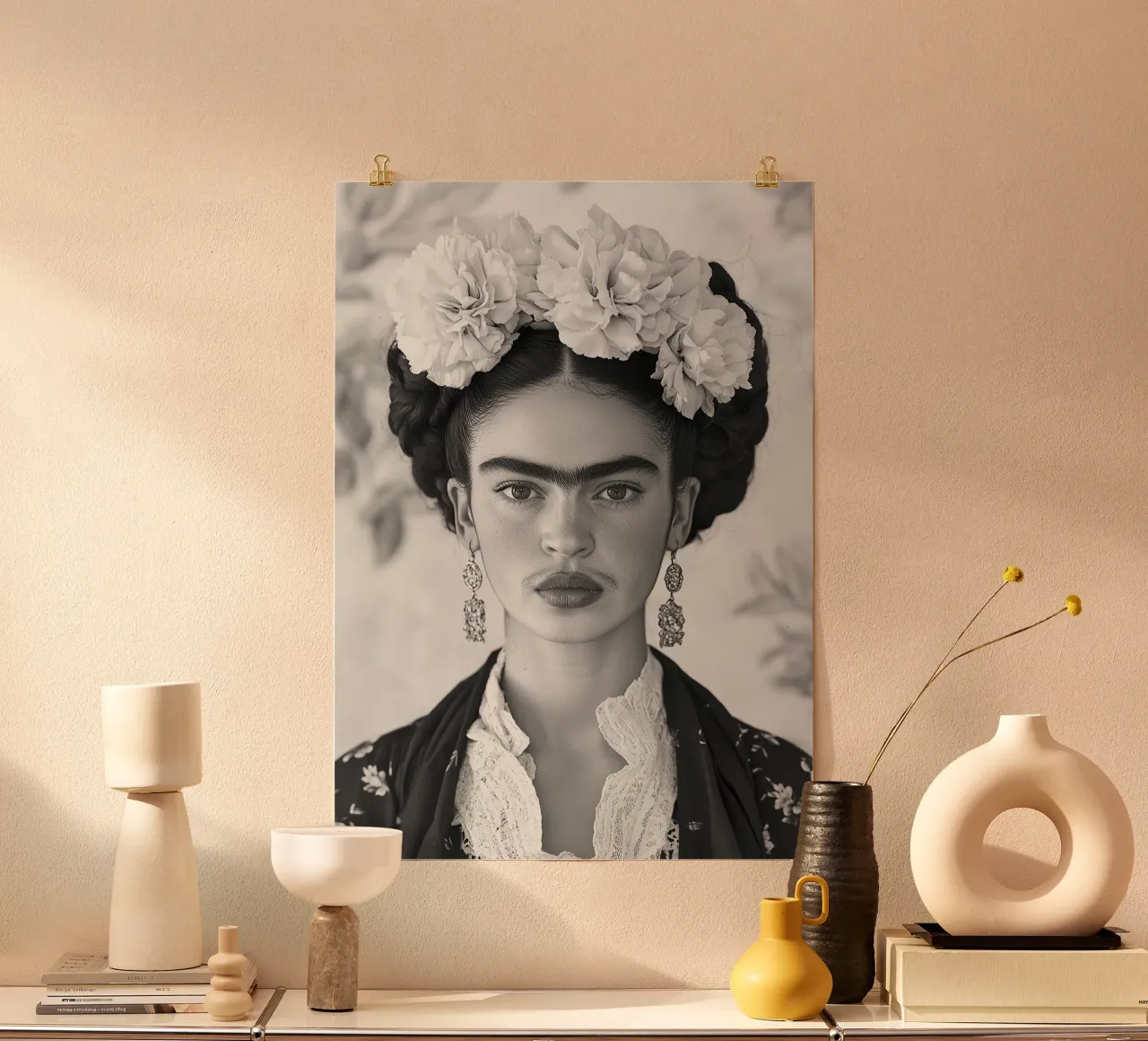 Frida Kahlo - Il cambiamento che fiorisce poster con telaio in alluminio da Fantasias Florales