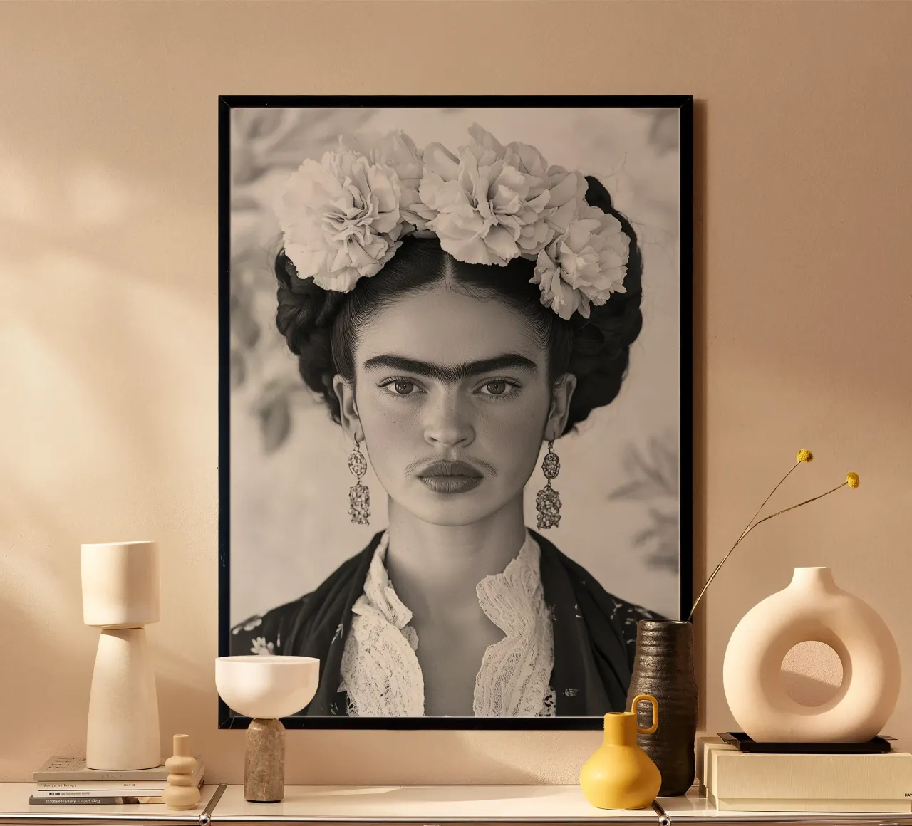 Frida Kahlo - Il cambiamento che fiorisce poster con telaio in alluminio da Fantasias Florales