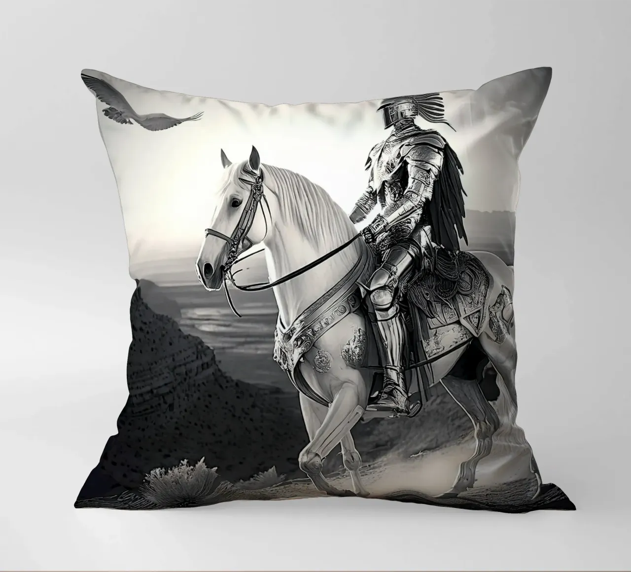 CHEVALIER SUR UN CHEVAL. NOIR ET BLANC. cuscino da Thierry vobmann photography
