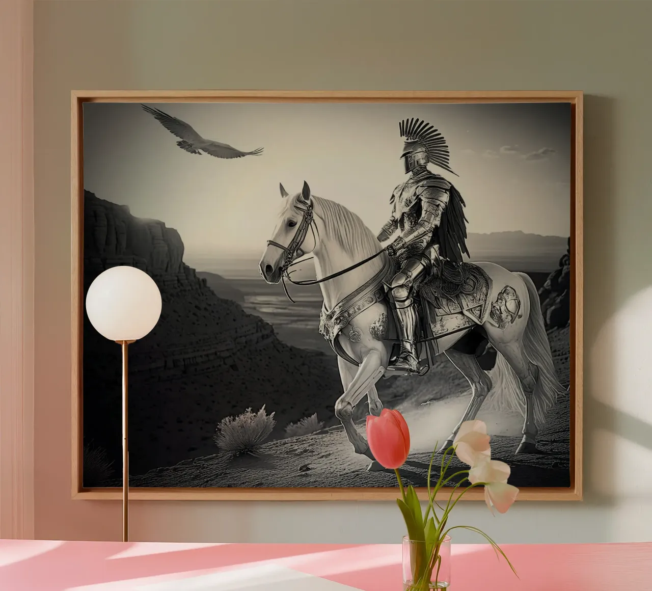 CHEVALIER SUR UN CHEVAL. NOIR ET BLANC. canvas met Baklijst van Thierry vobmann photography